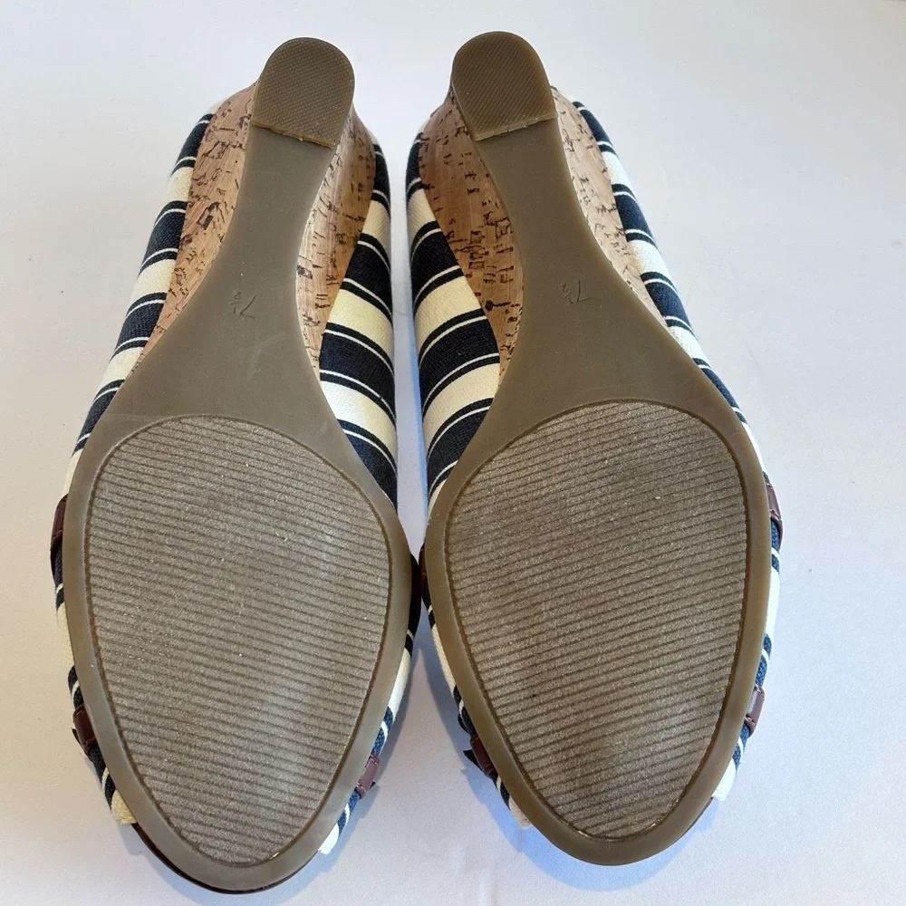Kelly & Katie Women's Open Toe Low Wedge Cork Heel Blue White Stripe Fabric Shoe